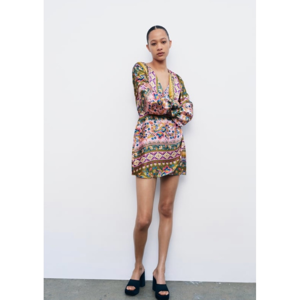 ZARA PATCHWORK WRAPAROUND SATIN EFFECT PRINT DRESS NWT XS